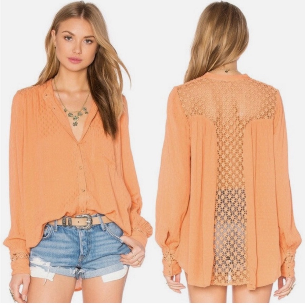 Free People The Best Button Front Crochet Sheer Shirt M Fairy Festival Western